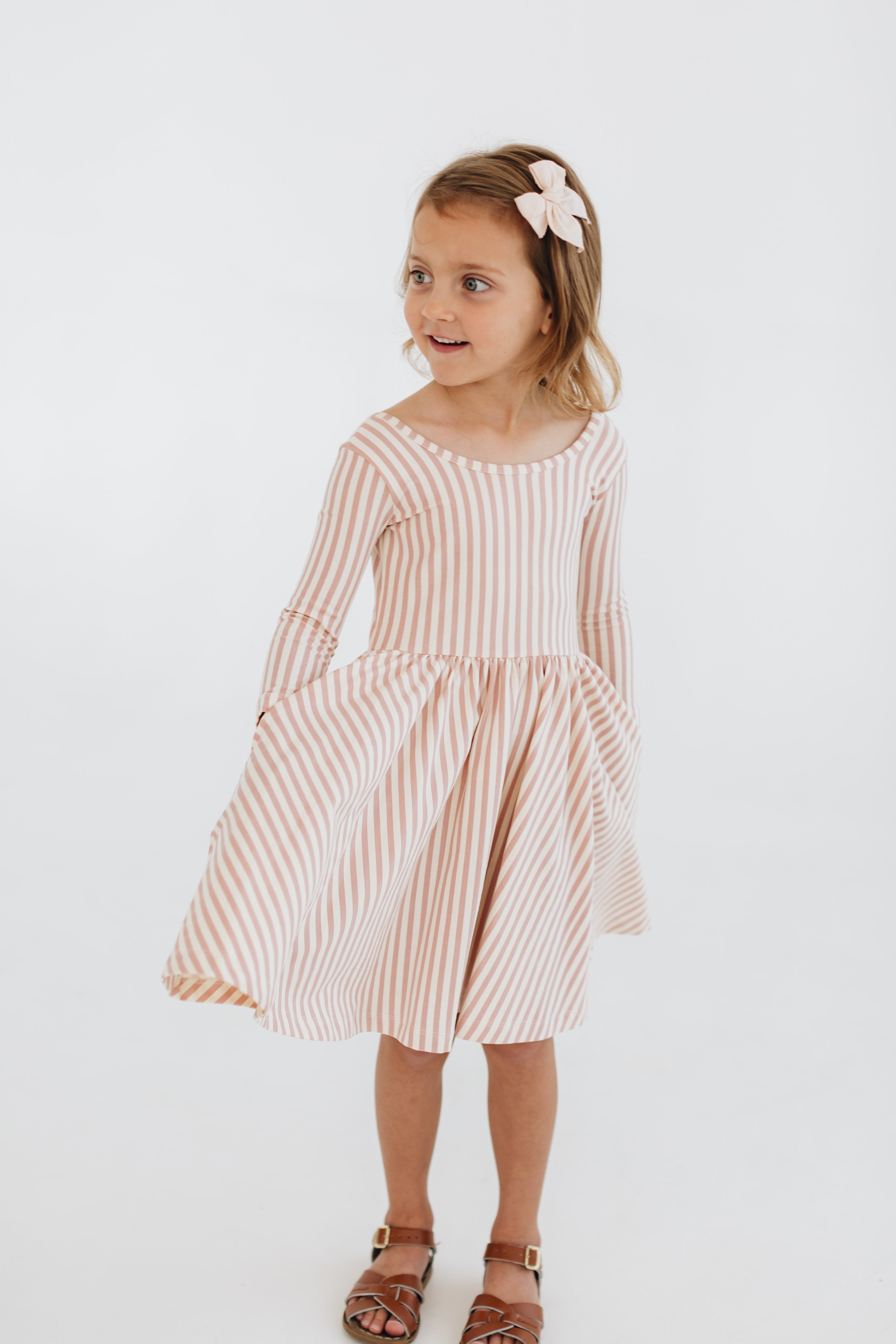 3/4 Sleeve Twirl Dress in Vintage Pink Stripes Good Apples Kids 3/4 Sleeve Twirl Dress in Vintage Pink Stripes Good Apples Kids